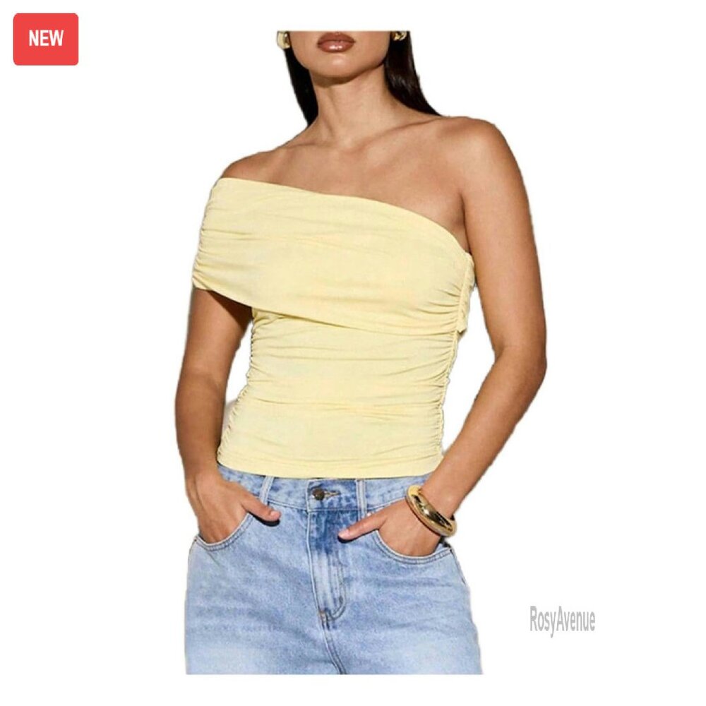Ruched Off Shoulder Tank Top Y2k Asymmetrical Neck Sleeveless